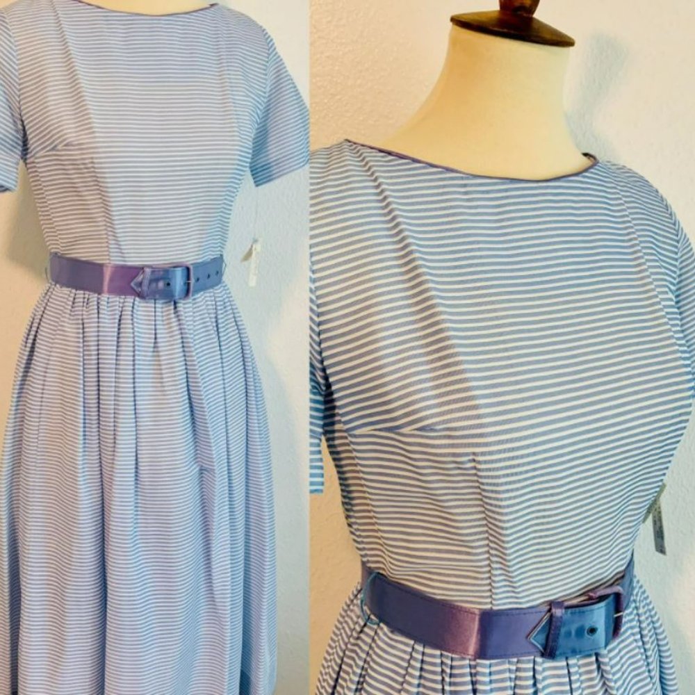 Vintage Blue & White Striped ILGWU Union Made Suzy Dress w/Belt-Size XS